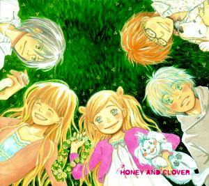 Illustrated cover art for the TV series soundtrack showing five characters lying in a grassy circle with the text "HONEY AND CLOVER".