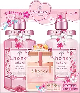 Front-view illustration of the &honey sakura deep moist shampoo and treatment pair with a small travel kit in pink cherry-blossom themed packaging.