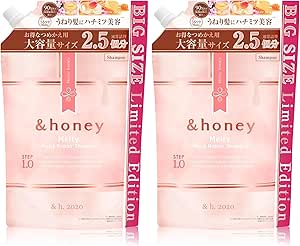 Two &honey Melty Moist Shampoo refill pouches in pink packaging shown side by side.