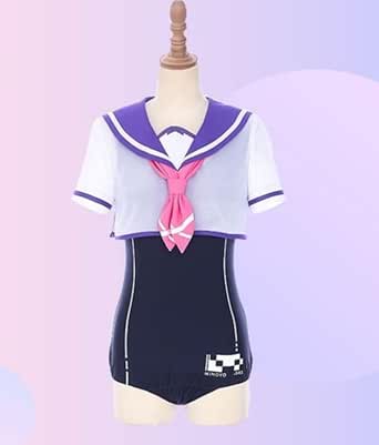 Mannequin wearing a dark one-piece school-style swimsuit with a white cropped sailor top and pink necktie.