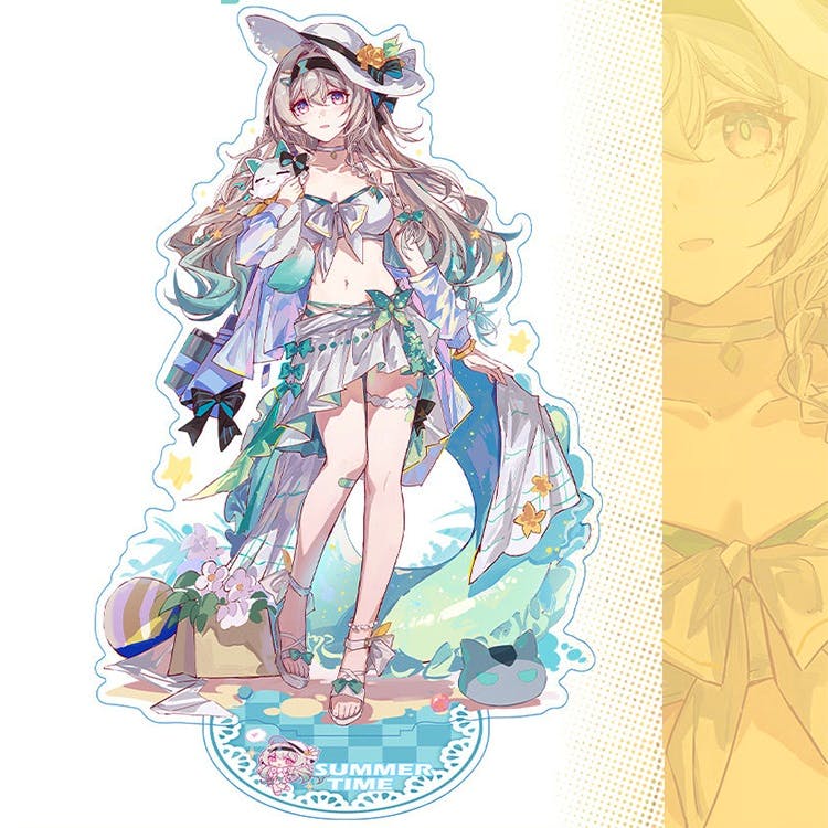 Acrylic stand of Hotaru from Star Rail in a summer outfit, shown full-body with its round themed base and beach decorations.