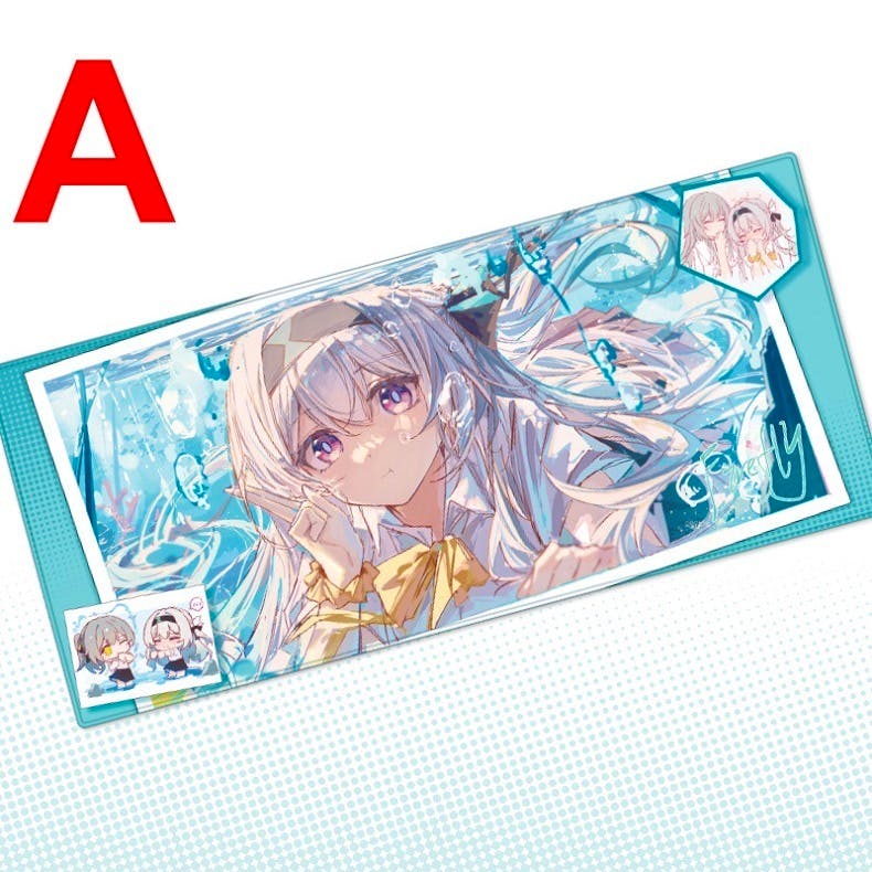 Blue rectangular mouse pad showing an anime-style silver-haired girl with purple eyes.