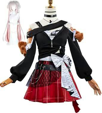 Mannequin wearing the women's cosplay outfit: black off-shoulder top, red pleated/plaid skirt, belts, chains, and decorative bow, with a wig inset at top-left.
