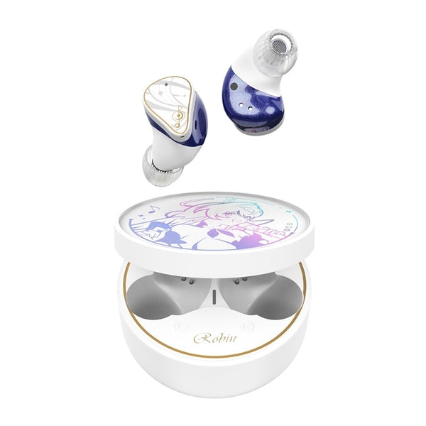 Two white-and-blue Robin-branded wireless earphones shown above an open round white charging case with an illustrated lid and "Robin" printed inside.