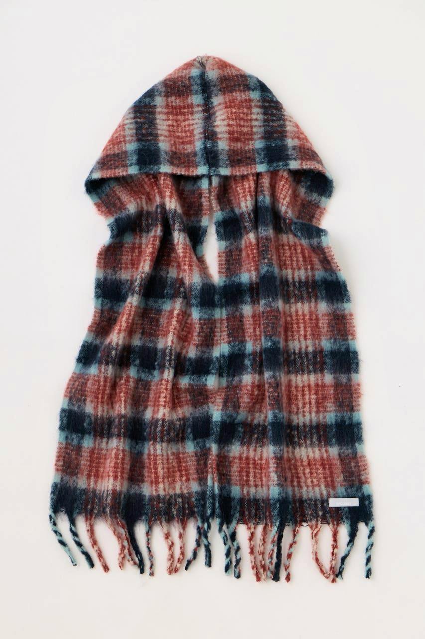 Flat-lay photo of a hooded plaid scarf (polyester) in red and blue tones on a white background.