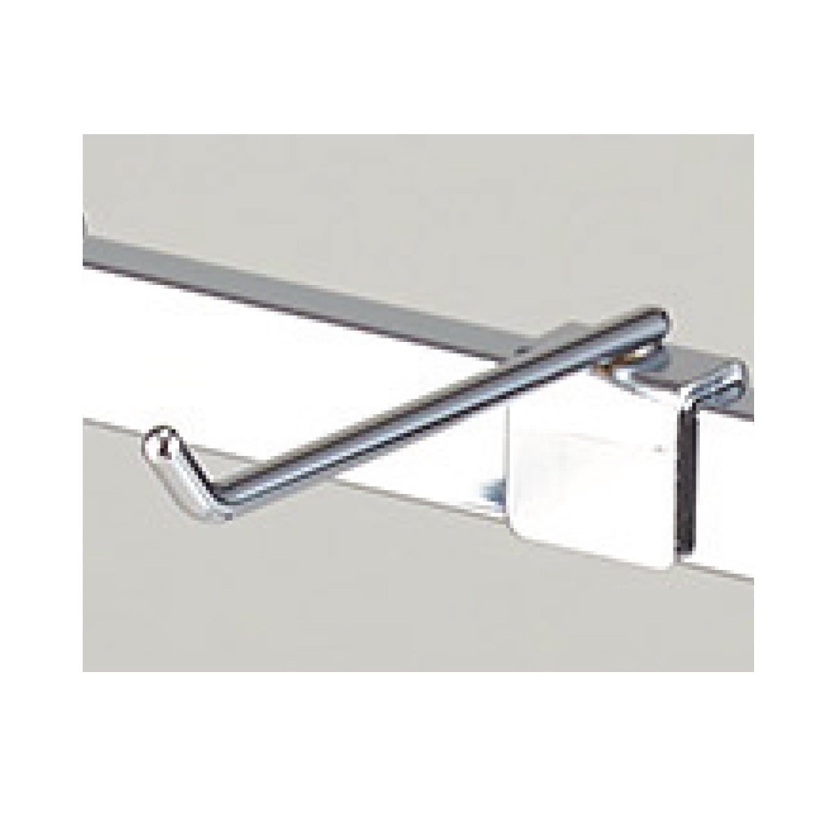 Metal door hook hanger shown hung over a shelf or door edge in a chrome finish.