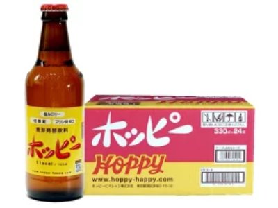 A Hoppy 330 brown bottle standing next to a box of Hoppy bottles.