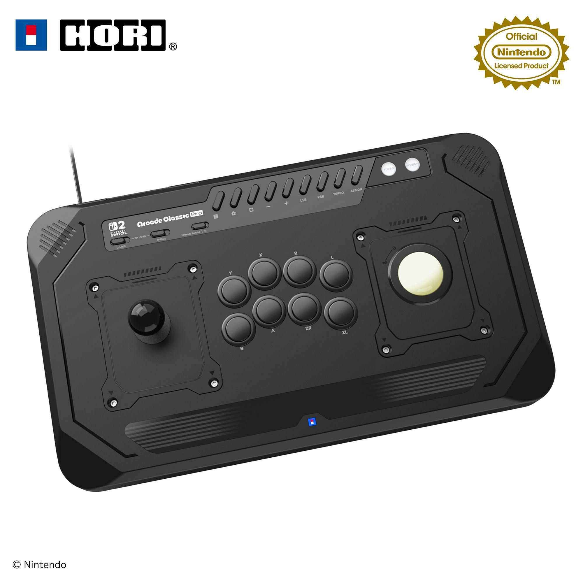 Angled close-up of the black HORI Arcade Classic Pro controller for Nintendo Switch showing the joystick, face buttons, and top control panel.