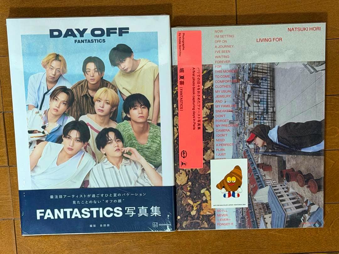 Two books side by side: left is FANTASTICS 'DAY OFF' photo book with a group portrait, right is 堀夏喜 (NATSUKI HORI) 'LIVING FOR' book with a street-scene cover.