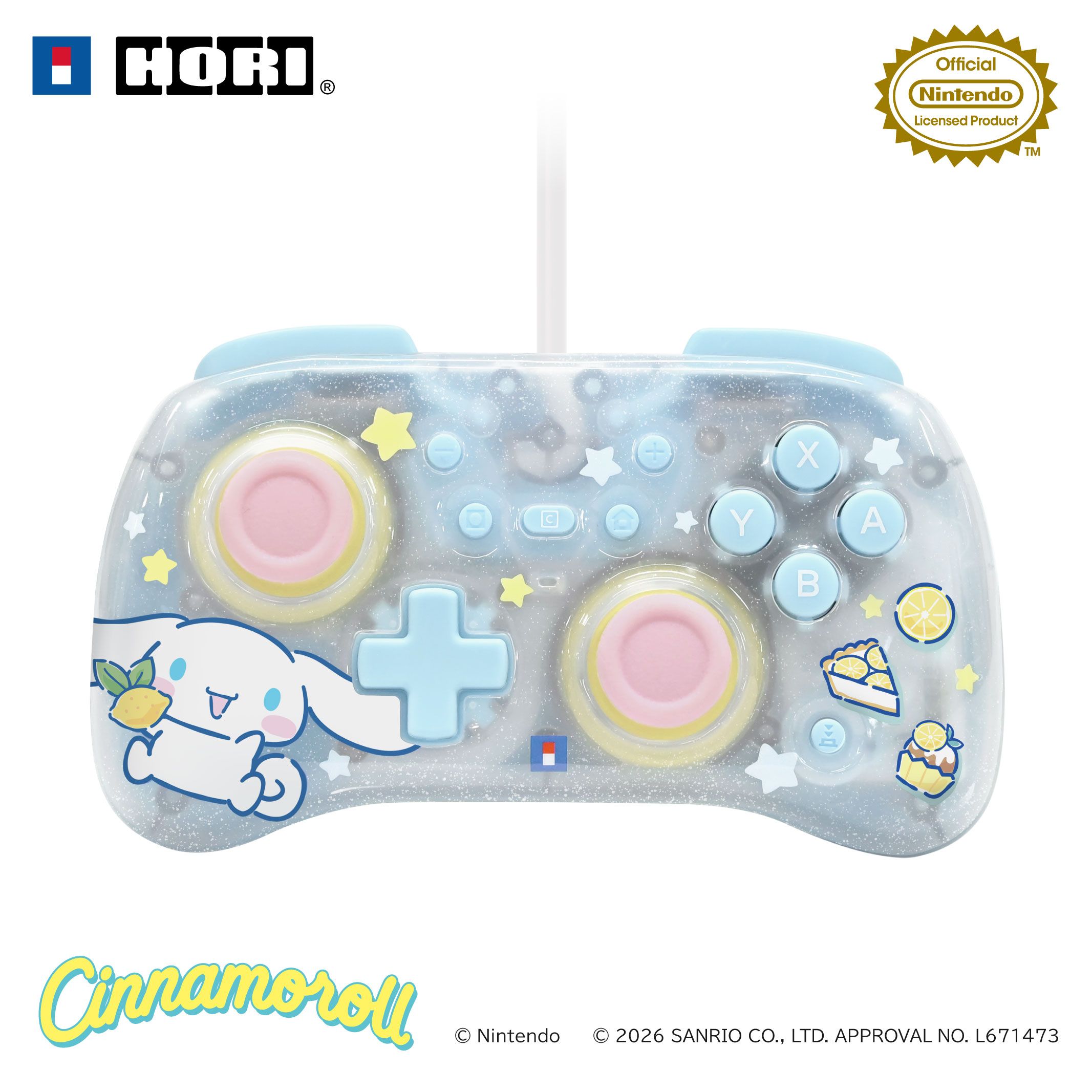 Front view of a translucent Cinnamoroll-themed HORI TURBO Mini controller for Nintendo Switch with pastel buttons and character artwork.