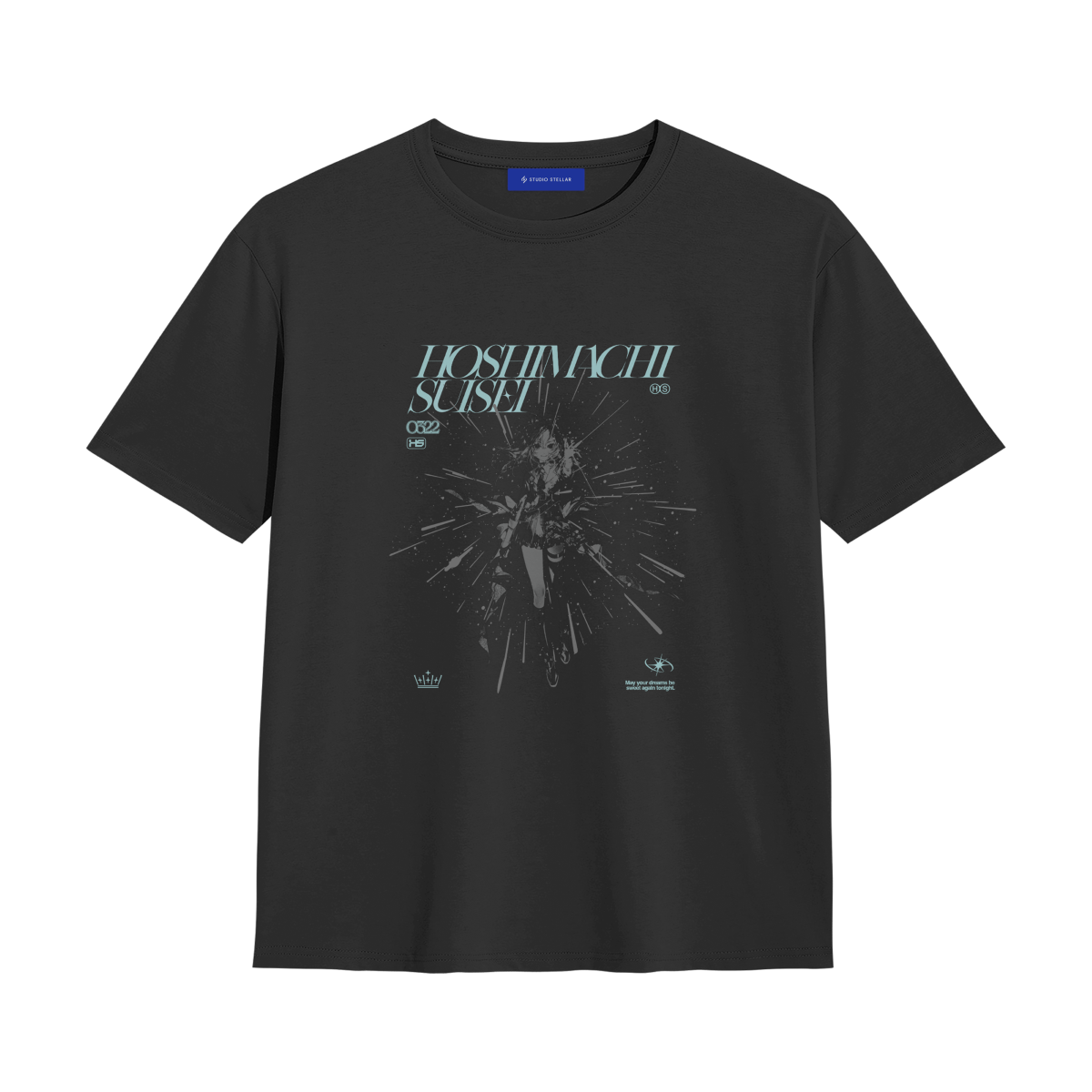 Front view of a black cotton T-shirt showing a centered graphic and the text "HOSHIMACHI SUISEI".