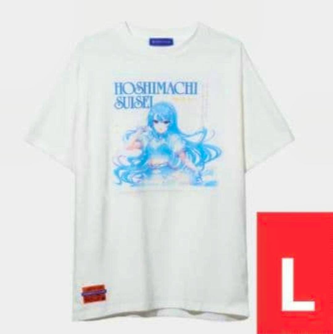 White T-shirt front showing HOSHIMACHI SUISEI blue character print and a red "L" size marker.