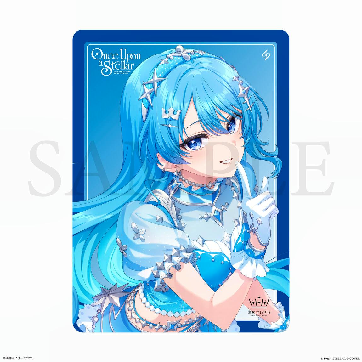Card-shaped metal display artwork showing the illustrated character 星街すいせい (Hoshimachi Suisei) in a blue costume with the "Once Upon a Stellar" text.