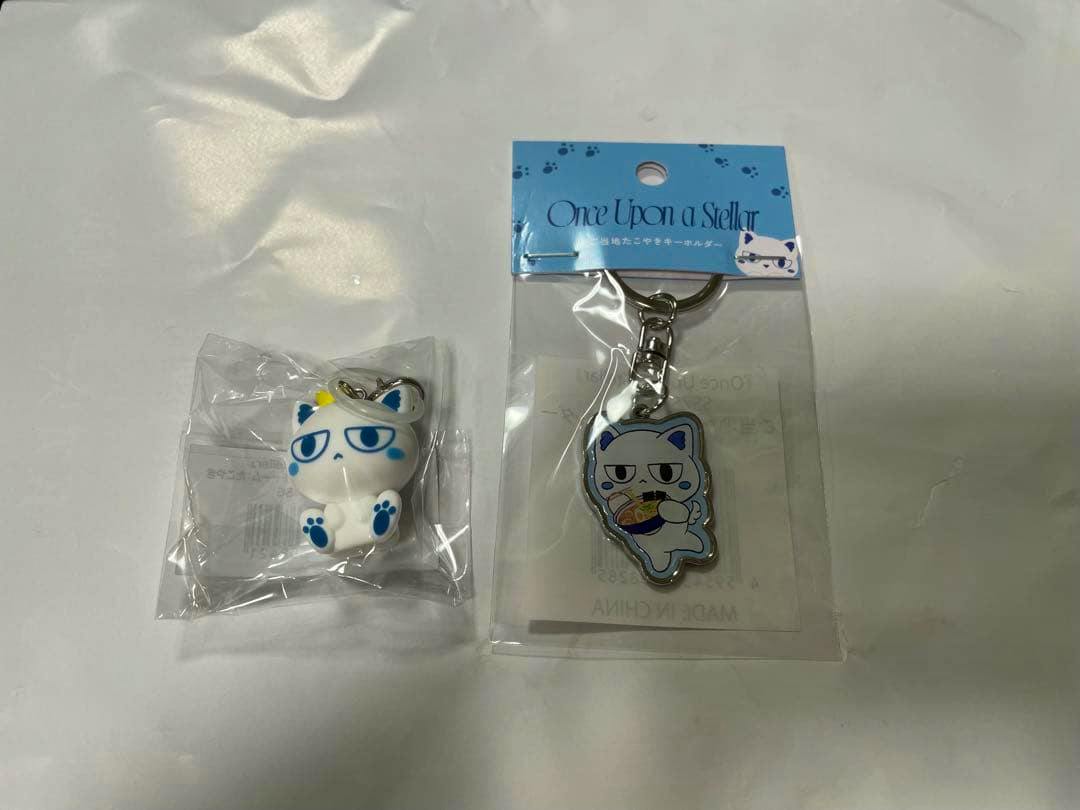 Two keychain charms in clear plastic packaging on a white background, both showing a white cat character (one 3D figure and one flat charm).