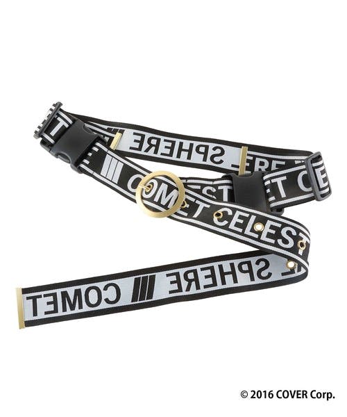 Black and white belt with printed text and a gold-tone ring buckle displayed on a white background.