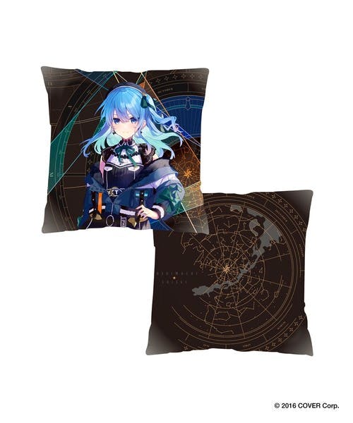 A square cushion showing a Hoshimachi Suisei illustration on the front and a circular star-map design on the back.