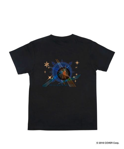 Back view of a black T-shirt with a multicolored circular graphic and small star shapes printed on the back.
