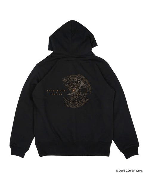 Back view of a black hoodie showing a circular printed design on the upper back.