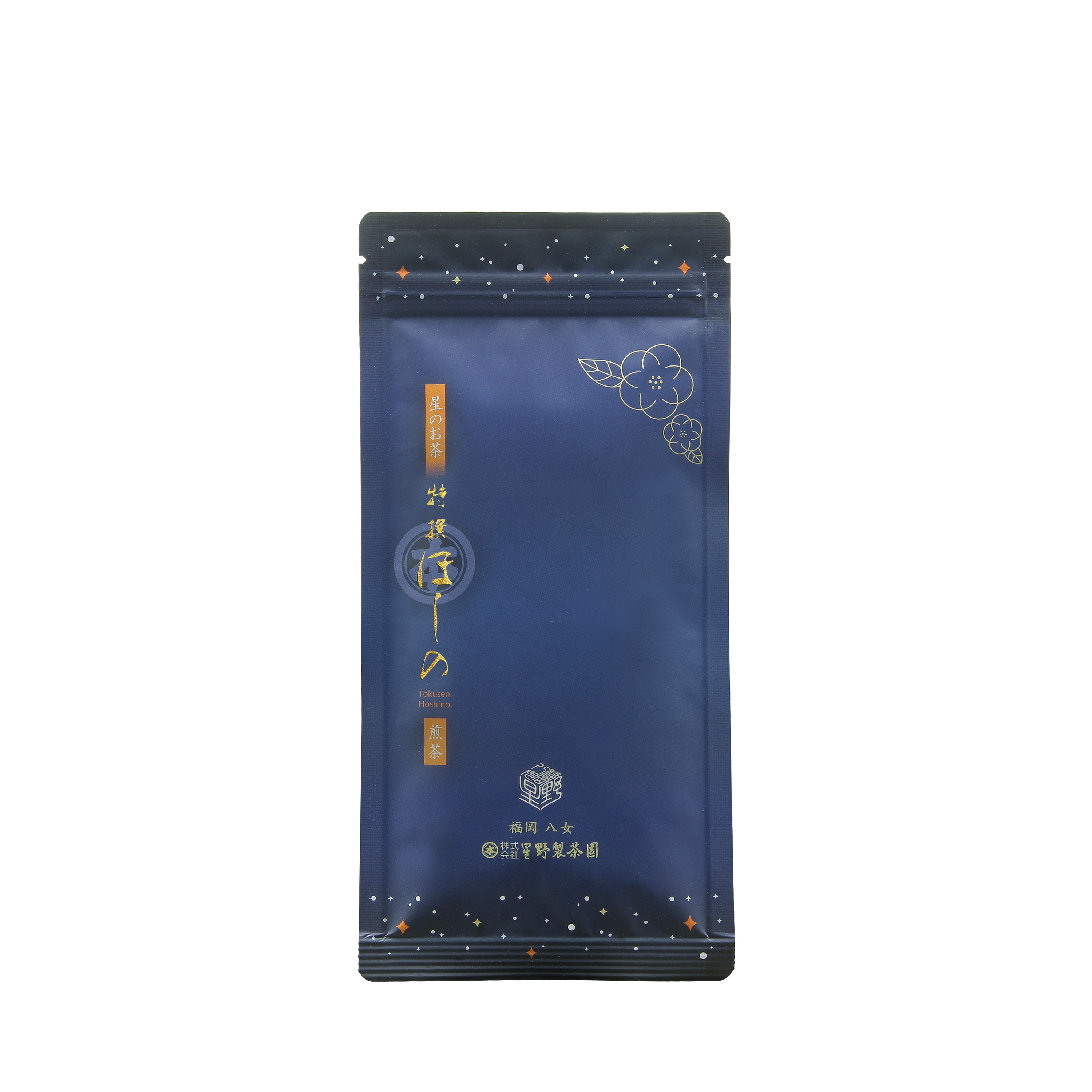 Blue resealable 50 g pouch of the green tea product with Japanese text and a small floral design on the front.