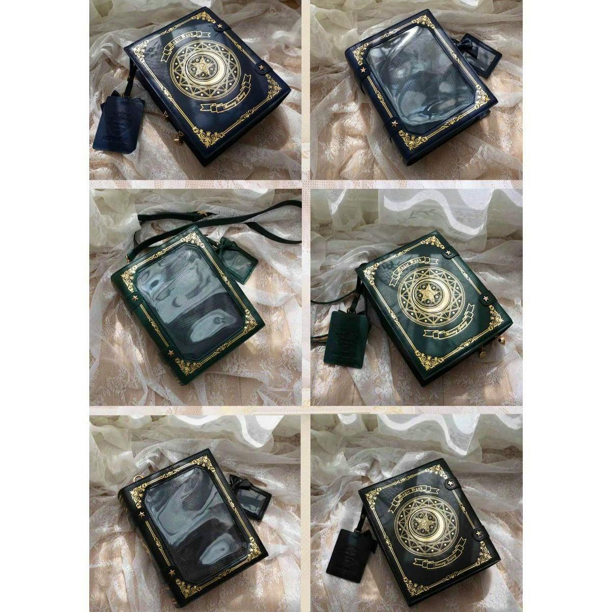 Collage of close-up and angled photos of a synthetic leather book-style bag with a gold magic-circle print and a detachable strap.