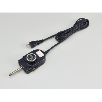 Hot plate temperature control plug with attached power cord, two-prong plug, and a dial thermostat.