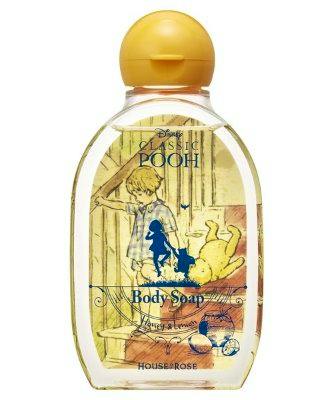 Clear bottle of House of Rose Classic Pooh body soap with a yellow cap and a Winnie-the-Pooh illustration on the label.
