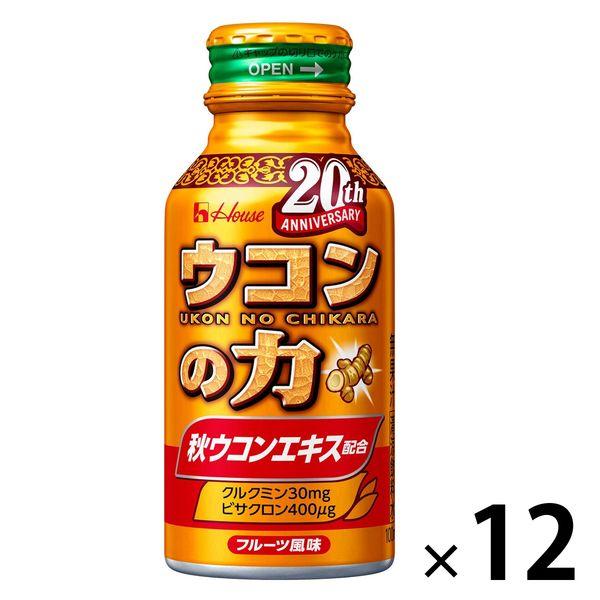Front view of an orange "Ukon no Chikara" energy drink bottle showing the label and a "×12" quantity mark.
