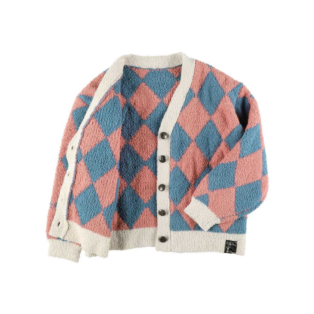 A pink and blue argyle patterned cardigan with cream trim and front buttons laid flat on a white background.