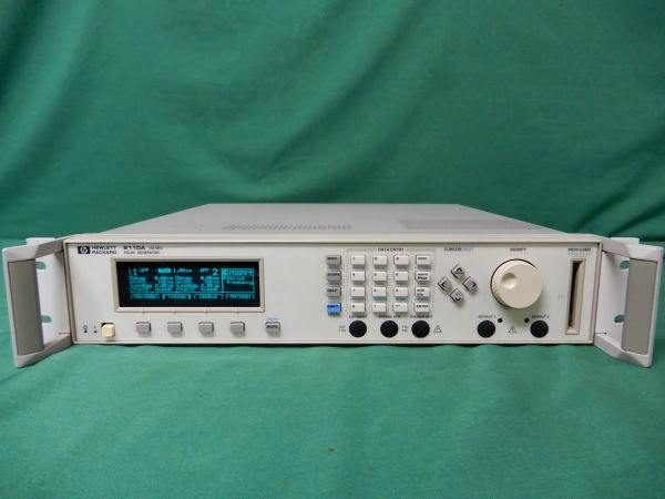Front view of an HP 8110A 150MHz pulse generator showing its display, keypad, rotary knob, and front connectors.