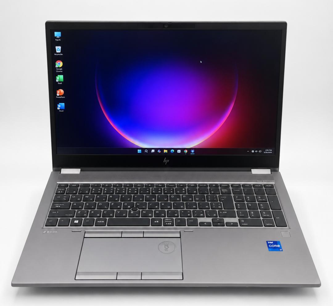 Front view of an open HP ZBook Fury 15 G8 mobile workstation showing the display, keyboard, and touchpad.