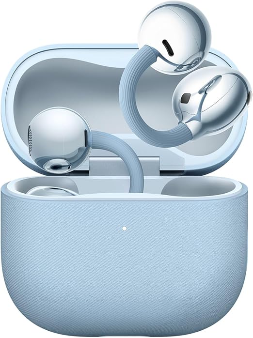 HUAWEI FreeClip 2 wireless earphones with open charging case showing ear cuff-style earbuds in light blue.