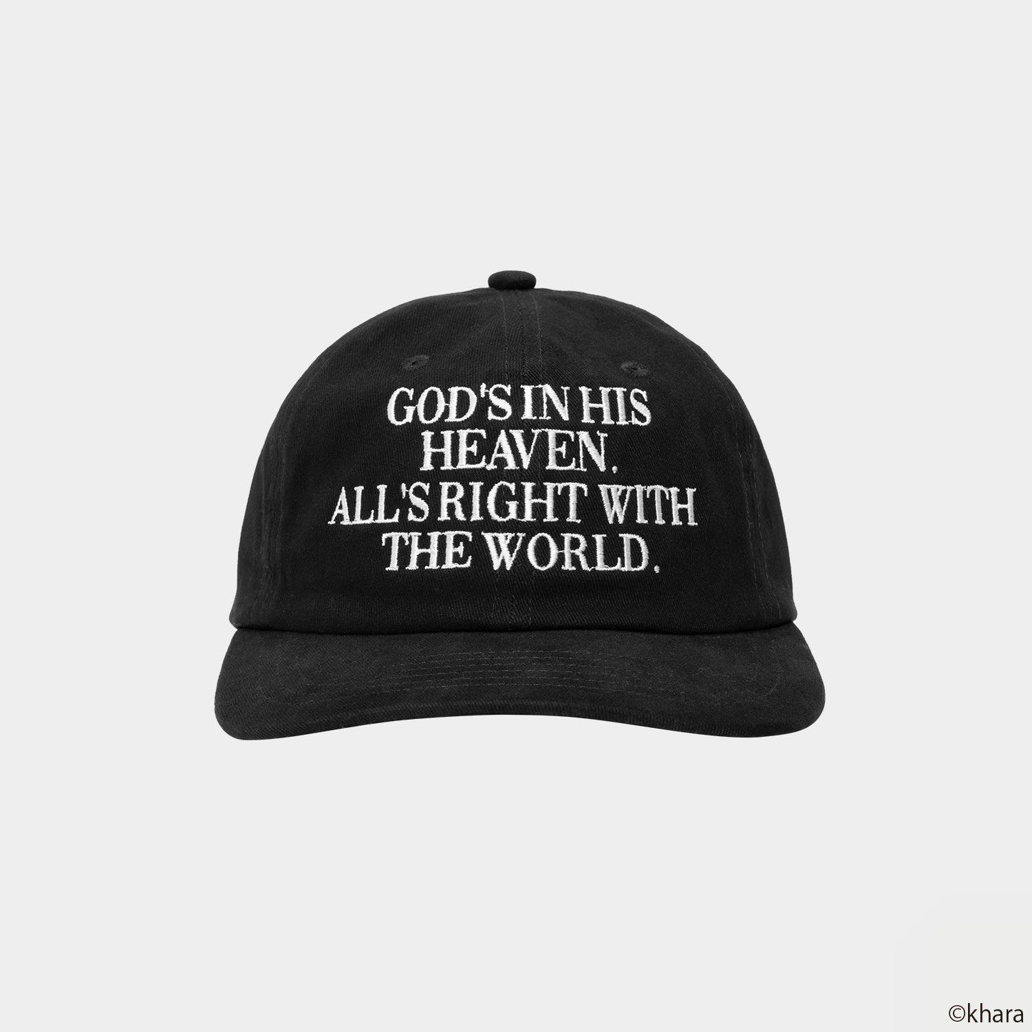 Front view of a black huf® x EVANGELION 6-panel cotton hat with white embroidered text reading "GOD'S IN HIS HEAVEN. ALL'S RIGHT WITH THE WORLD.".