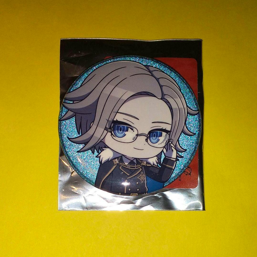 HUNDRED LINE 蒼月 缶バッジ in its packaging showing a chibi character with glasses against a sparkly blue background on a yellow surface.