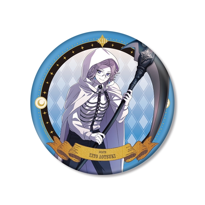 Round can badge featuring Eito Aotsuki illustrated in a tarot-themed outfit holding a scythe.