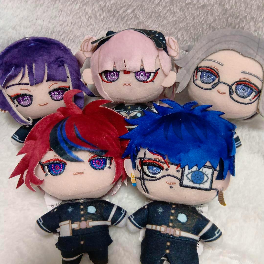 Five HUNDREDLINE 最終防衛学園 mascot plush toys arranged in two rows showing their faces and outfits.