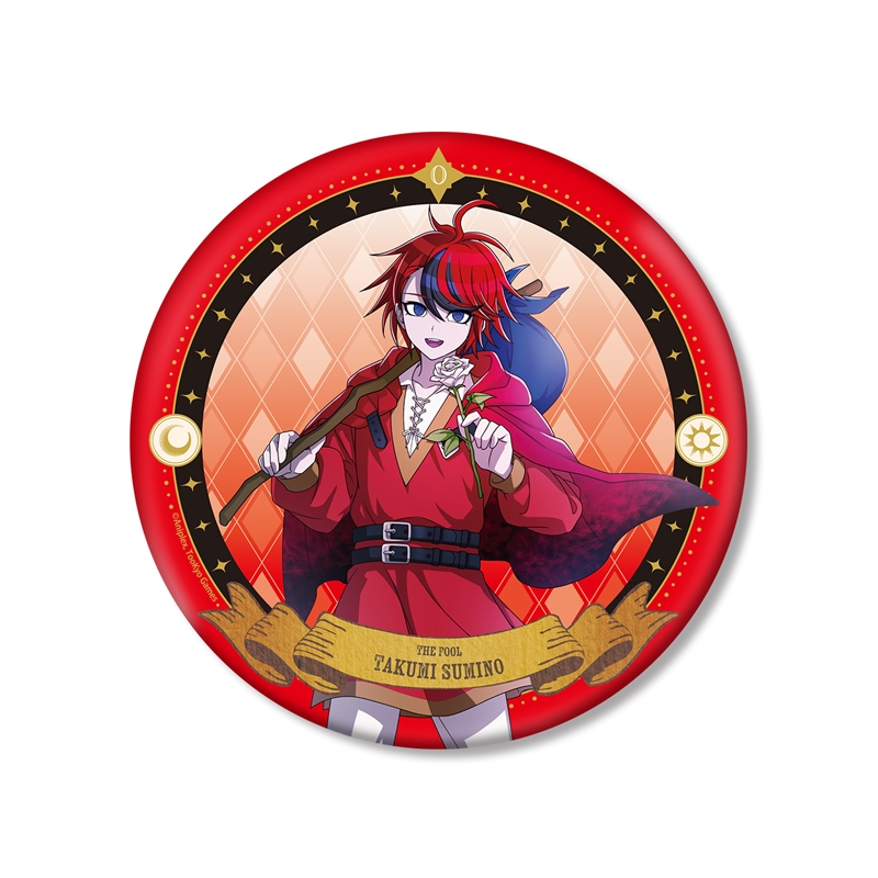 Front view of a round BIG can badge showing the illustrated character Takumi Sumino in tarot-version red costume.
