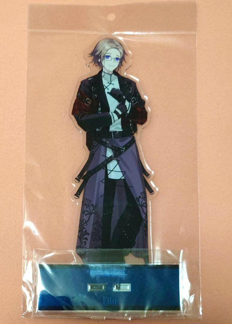 Photograph of the HUNDRED LINE チャイナパンク 特大アクリルスタンド 蒼月衛人 in clear plastic packaging, showing the die-cut acrylic figure and the blue base.