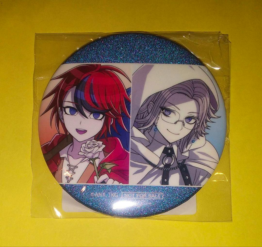 Front of the HUNDRED LINE tarot BOX bonus can badge showing two illustrated characters, sealed in a clear plastic sleeve on a yellow background.