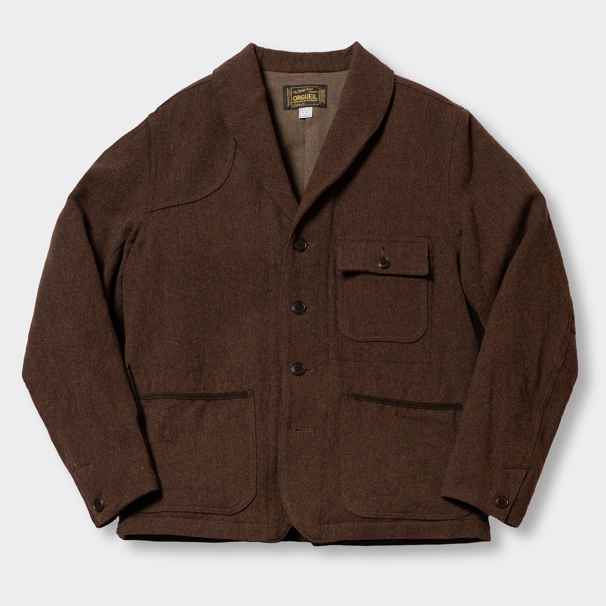 Front view of a brown wool men's hunting jacket laid flat showing pockets and buttons.