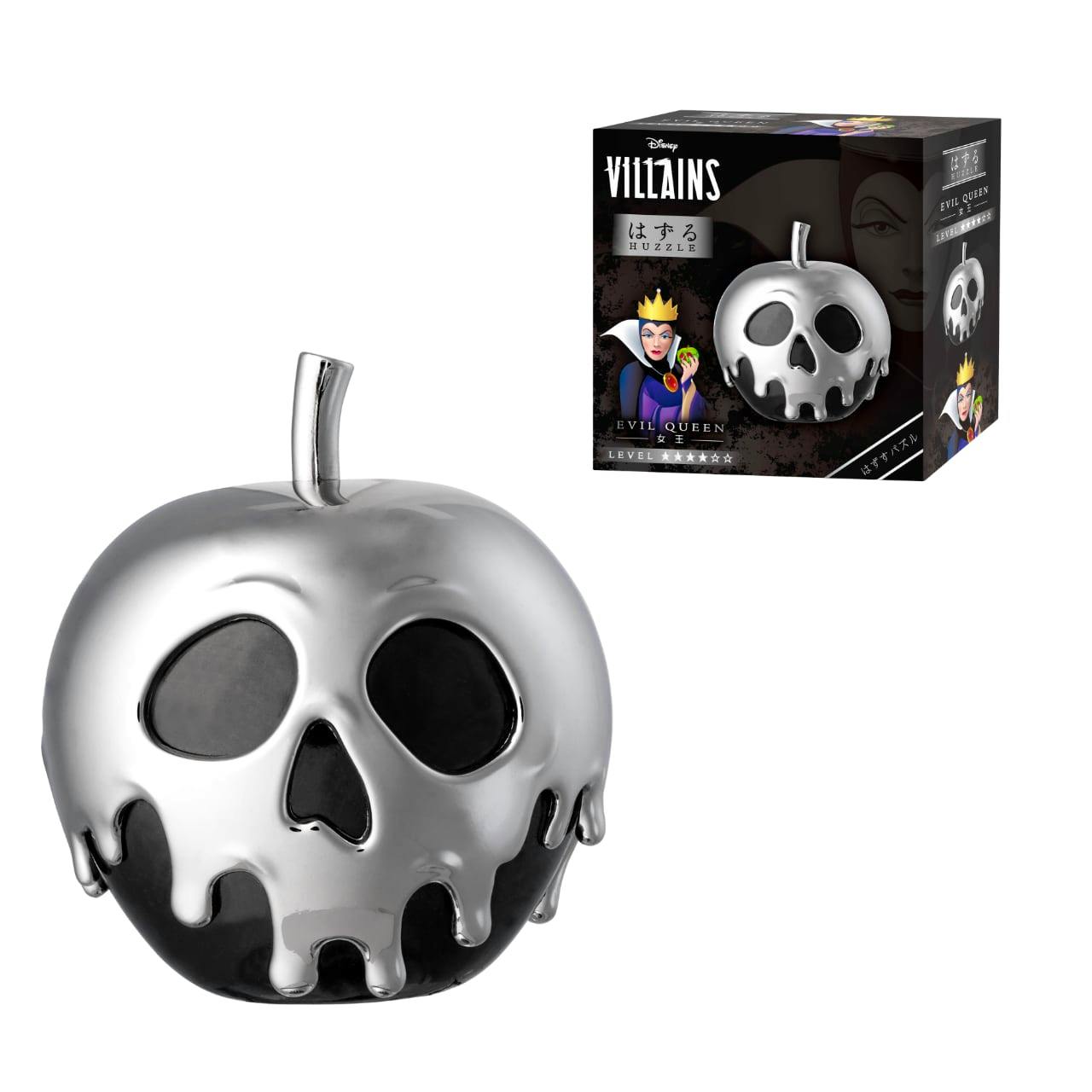 Metal toy puzzle shaped like a dripping silver apple with a skull face displayed alongside its Disney Villains Evil Queen product box.