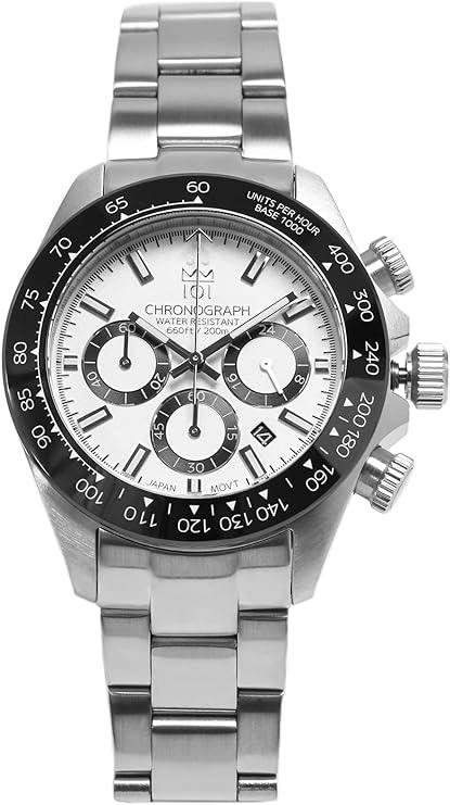 Front view of the HYAKUICHI 101 chronograph diver's watch with a white dial, three subdials, stainless steel bracelet, and black ceramic bezel.