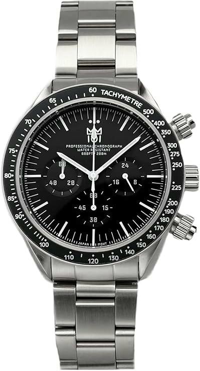 Front-facing photo of the HYAKUICHI men's diver's chronograph watch with a black dial, tachymeter bezel, three subdials, and stainless steel bracelet.
