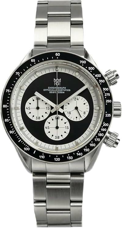 Close-up front view of the HYAKUICHI No.13 Classic Chronograph Non-Date Center Chrono Black Panda watch showing a black dial with three white subdials and a metal bracelet.