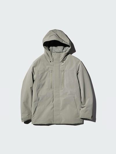 Flat-lay front view of the men's hybrid down parka with hood in light gray nylon.