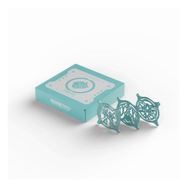 Three teal-colored fan shrouds displayed next to a matching teal product box.