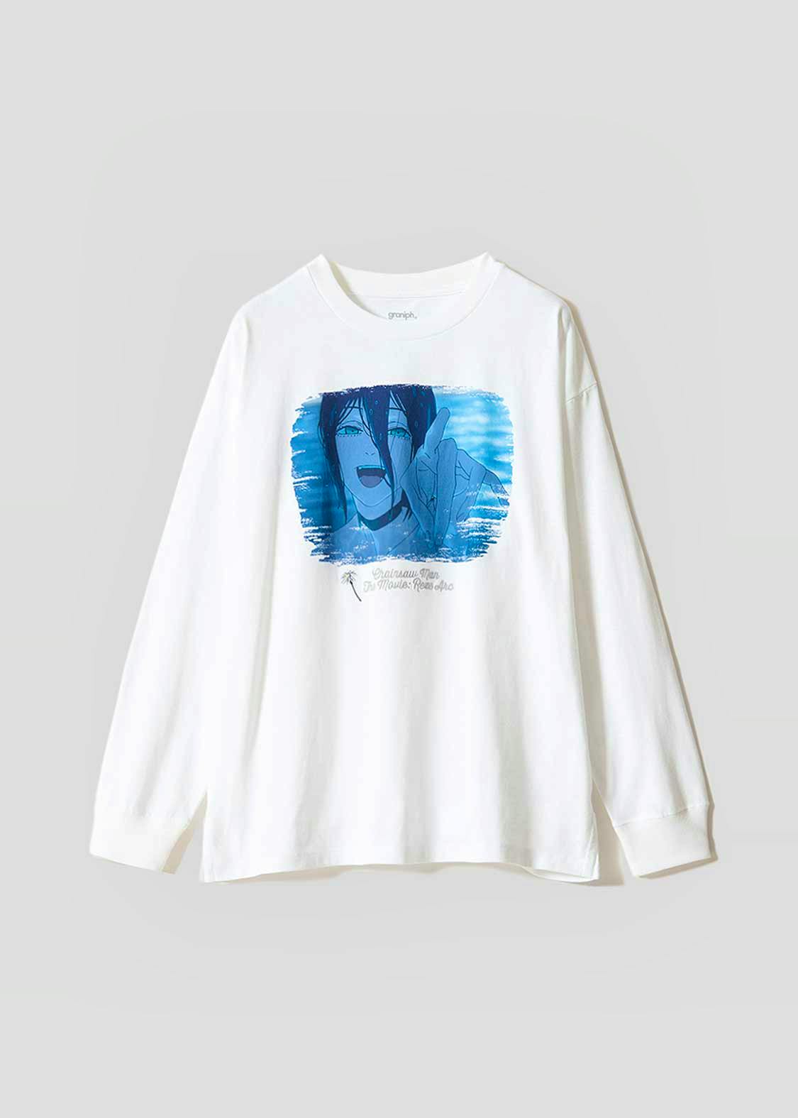 Front view of a white cotton long-sleeve big-silhouette T-shirt with a blue rectangular anime-style print on the chest.