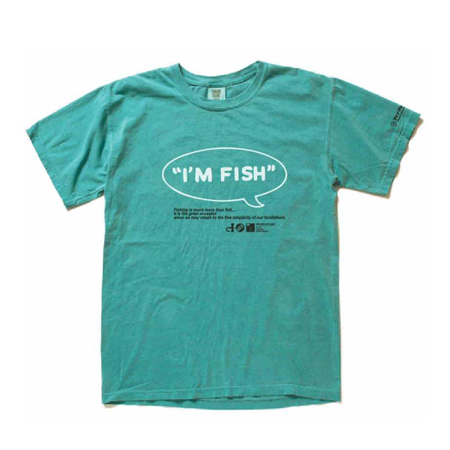 Seafoam men's cotton t‑shirt laid flat showing a white speech-bubble graphic on the front reading "I'M FISH".