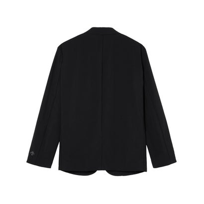 Black men's linen-like tailored jacket shown from the back on a white background.