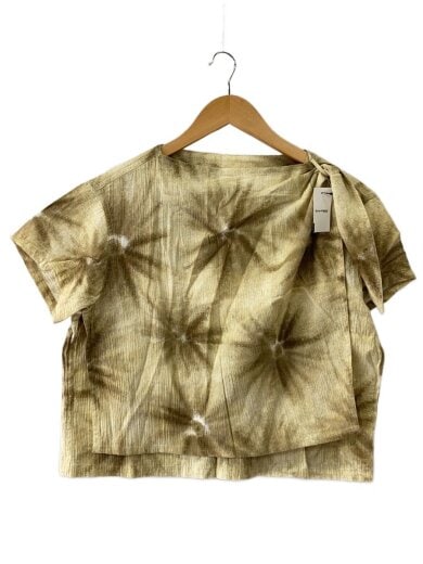 Front view of the I.S. ISSEY MIYAKE SPORT cotton T-shirt with a brown-green patterned print on a wooden hanger and visible tag.