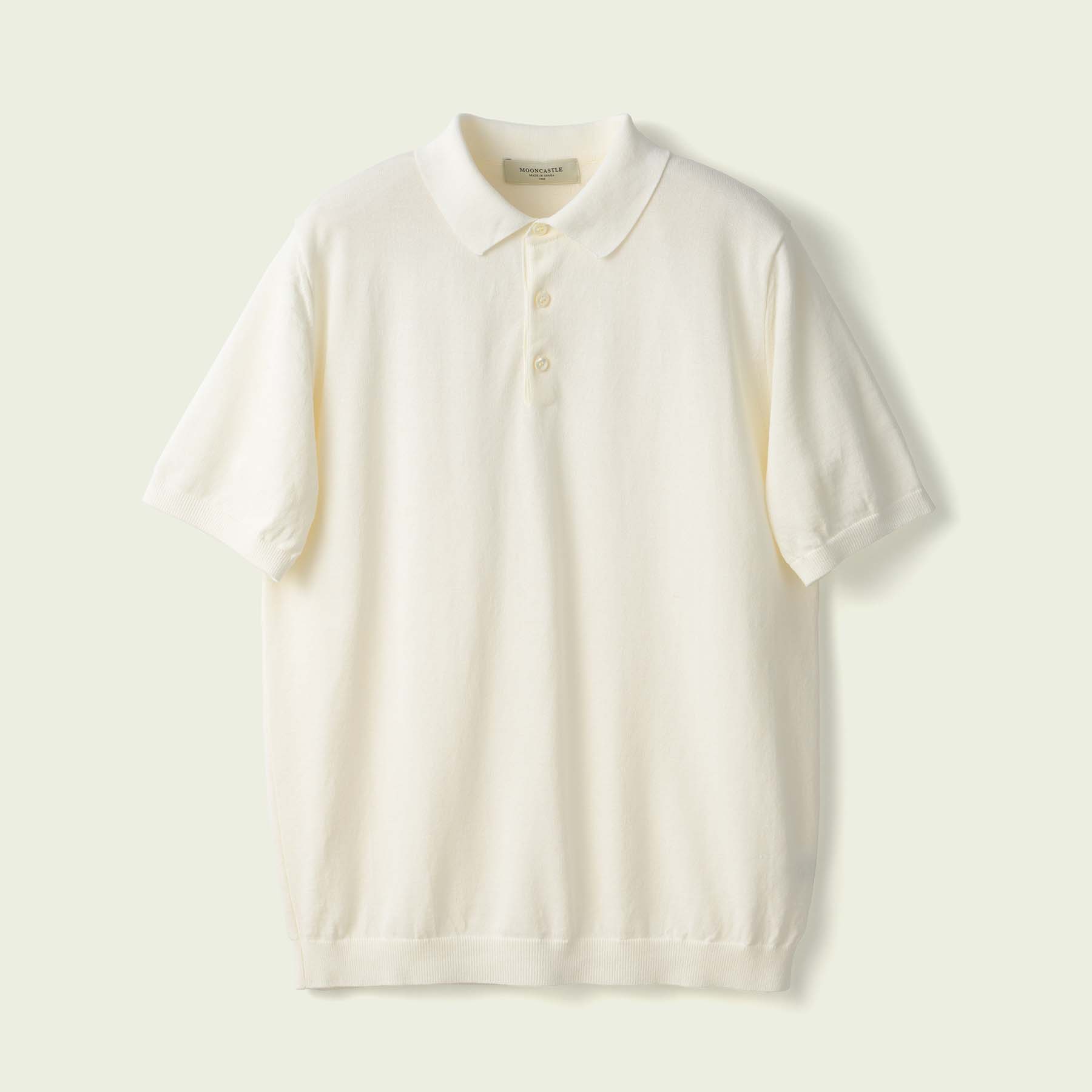 Off-white men's short-sleeve polo shirt laid flat on a pale background.